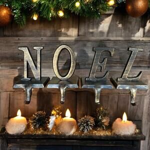 NOEL Christmas Stocking Hangers Garland Holder Brushed Bronze Black Iron Heavy